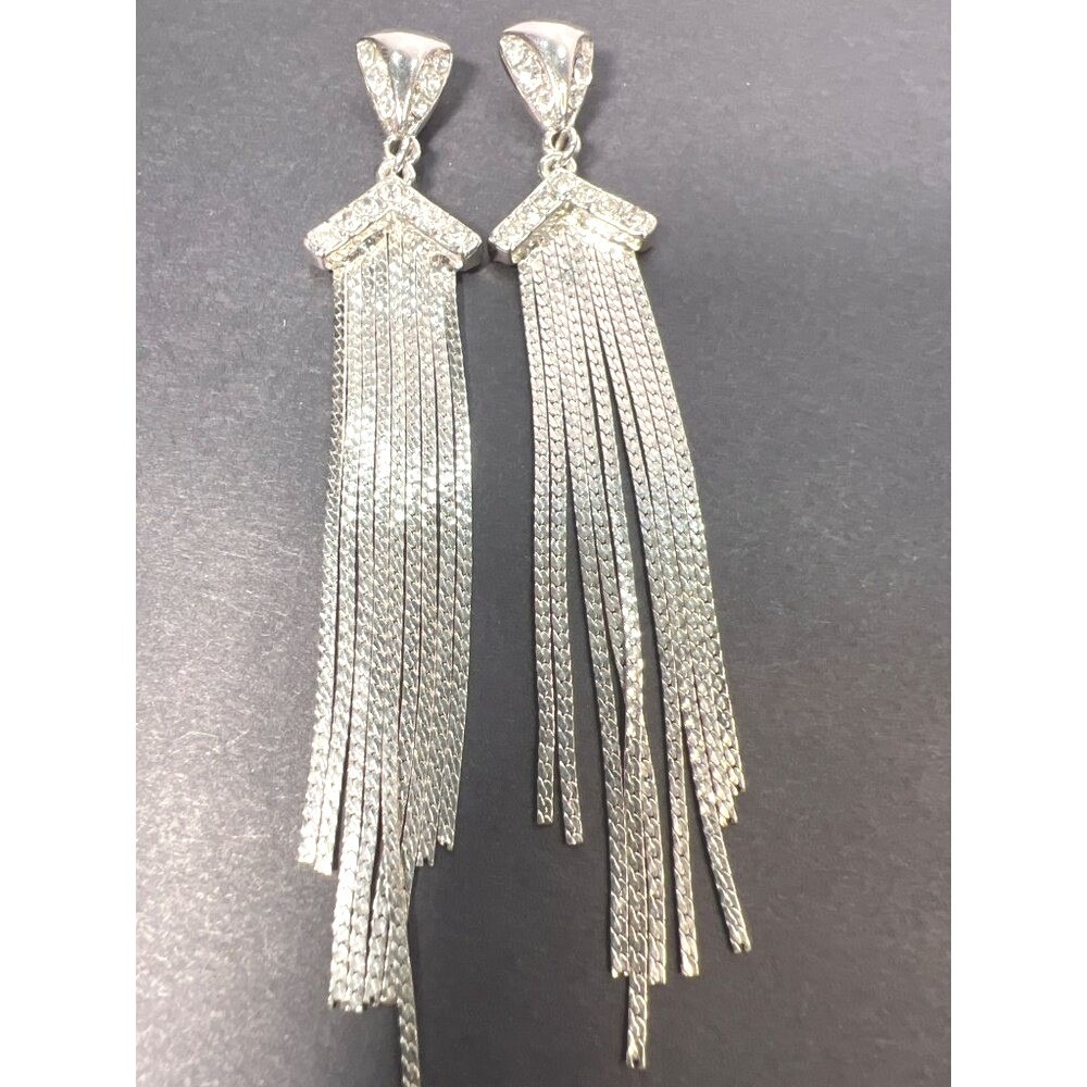 Rhinestone Chain Tassel Drop Earrings Fringe Post 4"‎ Articulated Prom Glamour
